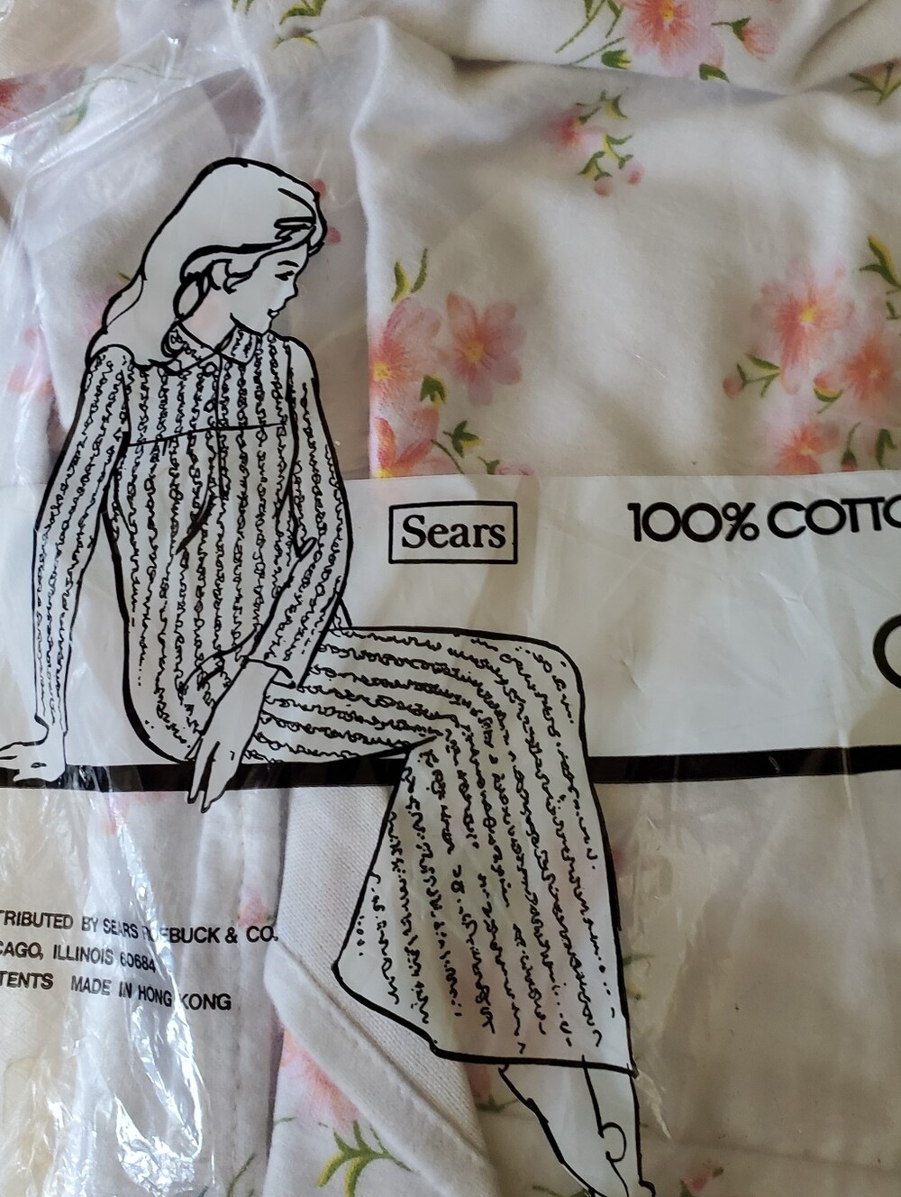 Sears Vintage Flannel Long Gown Floral Print with Pink Blossoms 2-button opening